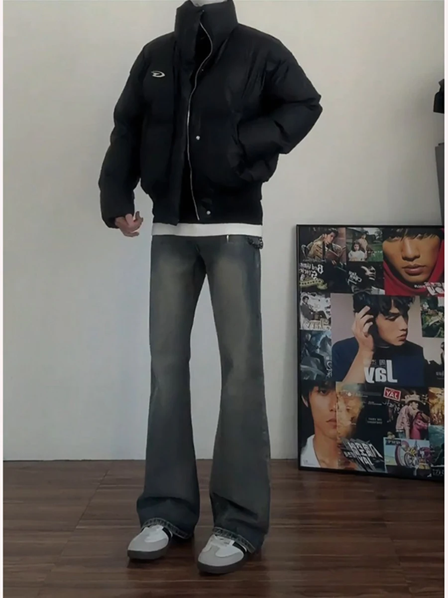 

Мужские джинсы прямого кроя с синей флисовой подкладкой, осенне-зимние, теплые, в стиле Cleanfit, американские, в стиле High Street, из денима.