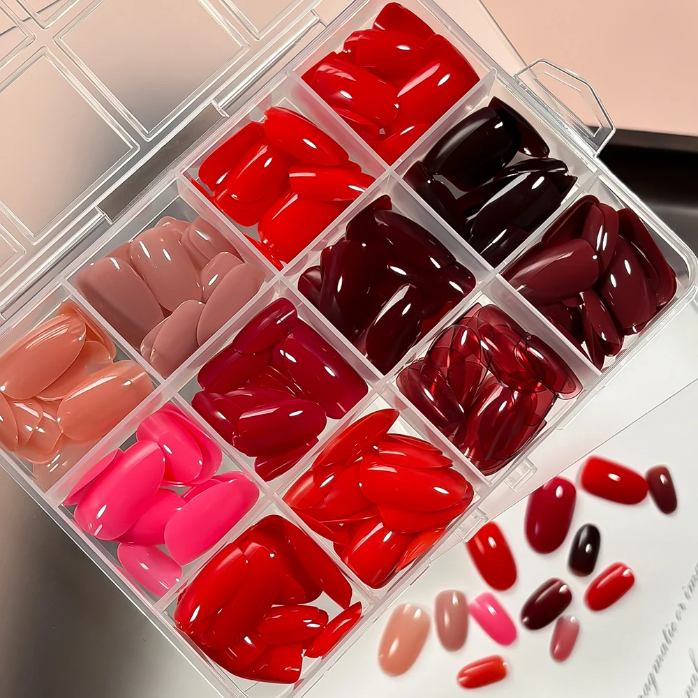 12Colors Short Oval Red Nude False nails 288Pcs Glossy Rose Pink Almond Press on Nail Full Cover Acrylic Wearable Fake Nail Tips