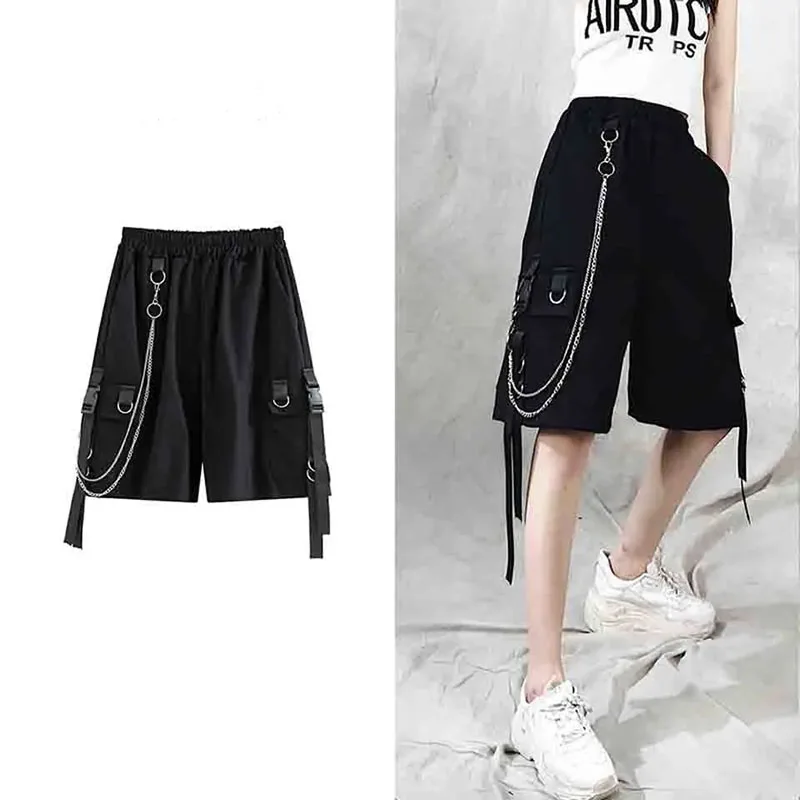 Xpqbb Harajuku Chain Cargo Shorts for Women Korean High Waist Summer Loose Black Short Pants Y2K Pockets Bf Hip Hop Shorts Woman