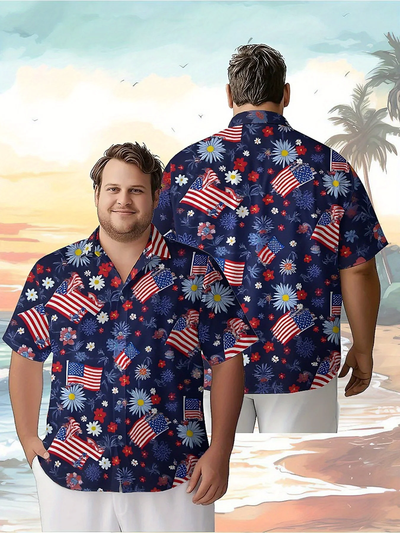 

Men's Plus Size Hawaiian Shirts American Flag and Flowers Pattern,Unisex Baggy Aloha Shirts,Alternative Clothing