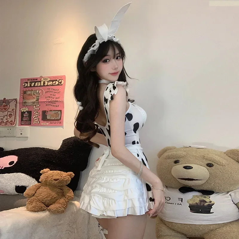 Disfraces de Cosplay 2026 para Mujer, Vestido de Lolita Rosa y Negro, Disfraz de Gata, Vestido de Lencería con Estampado de Vaca para Halloween