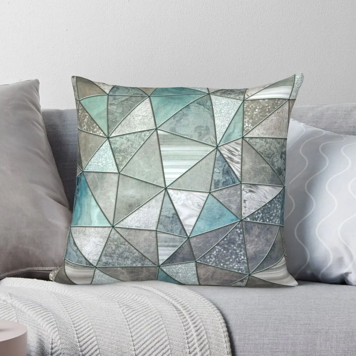 Teal Grey Triangles Stained Glass Pillowcase Polyester Linen Velvet Pattern Zip Decor Throw Pillow Case Home Cushion Cover 45x45