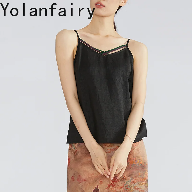 YOLANFAIRY High Quality 100% Mulberry Silk Cami Top Women Red Gambiered Silk Jacquard Tank Tops Woman Sleeveless women's tanks