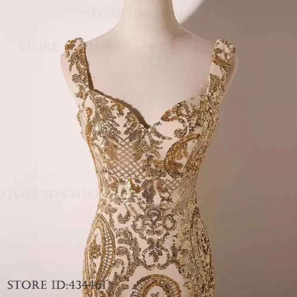 Vestido largo sexi de sirena con tirantes, vestido de fiesta para banquete, vestido de fiesta de noche con lentejuelas doradas para mujer, Vestidos ajustados de malla de retales
