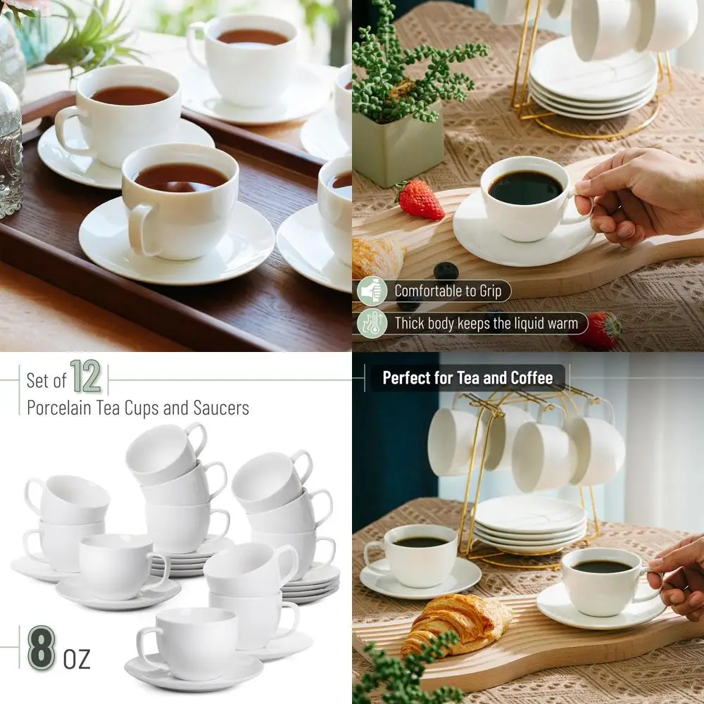 Set of 12 White Porcelain Tea Cups & Saucers, 8oz Capacity