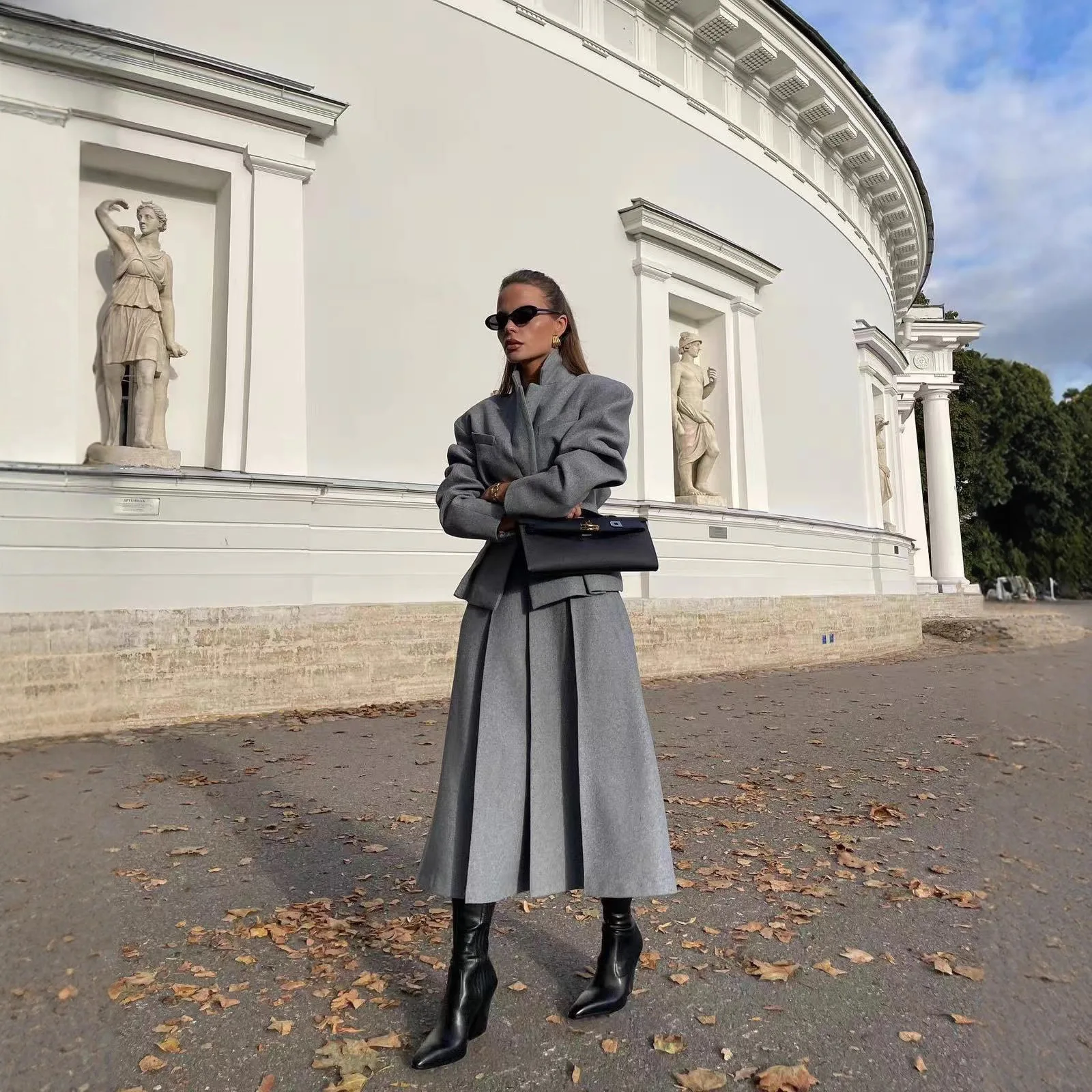 Autumn Winter Office Lady Two Piece Skirt Set Grey Woollen Coat+Women Elegant Lapel Hidden Buckle Blazers Pleated Skirt