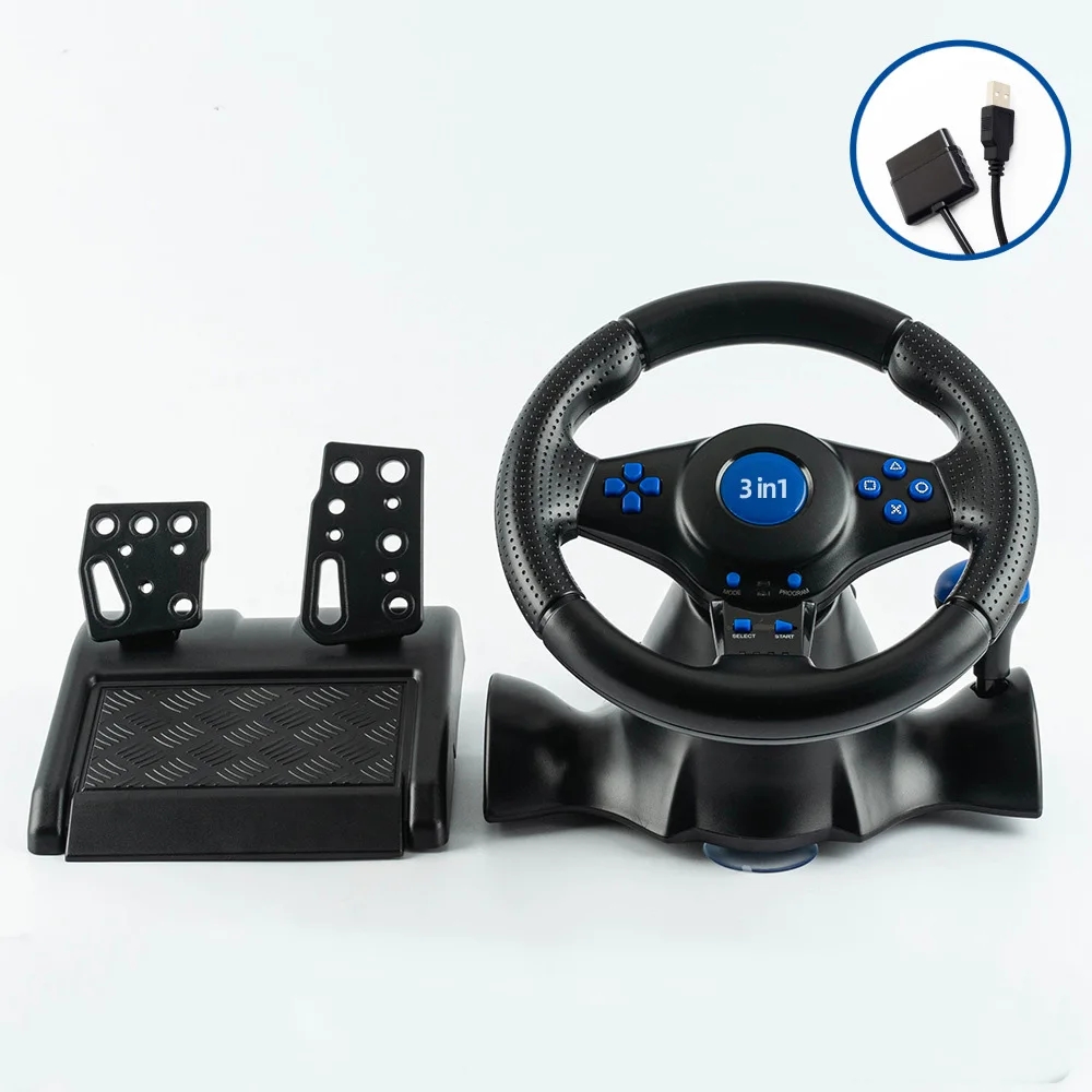 4 in1 Wired Steering Wheel for PS3,PS2 & PC with Pedals and Shift Joystick,Built-in Dual Motors,180 Degrees Racing Wheel