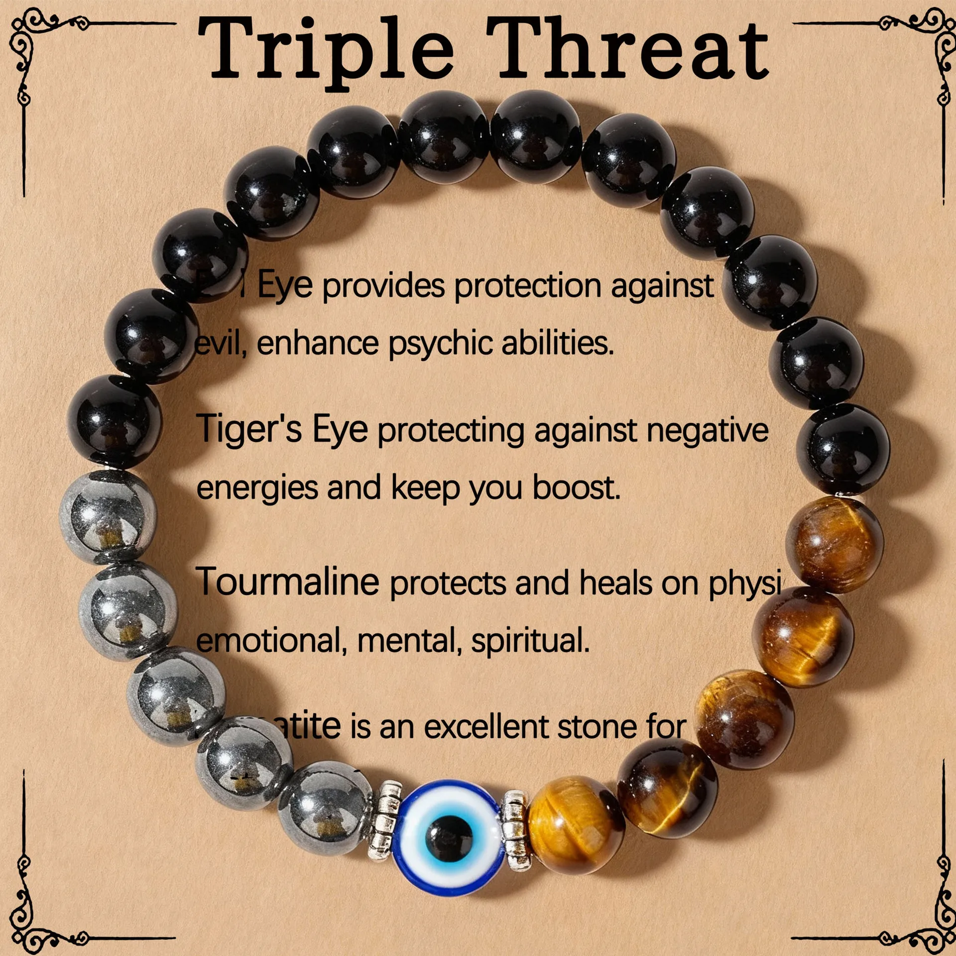 1pc Evil Eye Protection Stretch Bracelet: Faux Tiger's Eye, Blue Evil Eye, Hematite & Black Glass. Triple Protection for Daily W