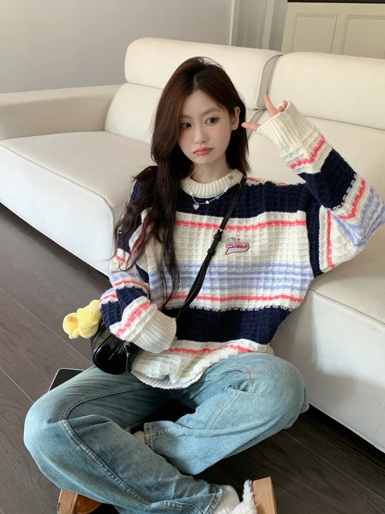 Striped Contrast Color Letter Embroidery Sweaters Streetwear Women Loose Grunge Jumpers Y2k Aesthetic Knitted Sweet Pullovers