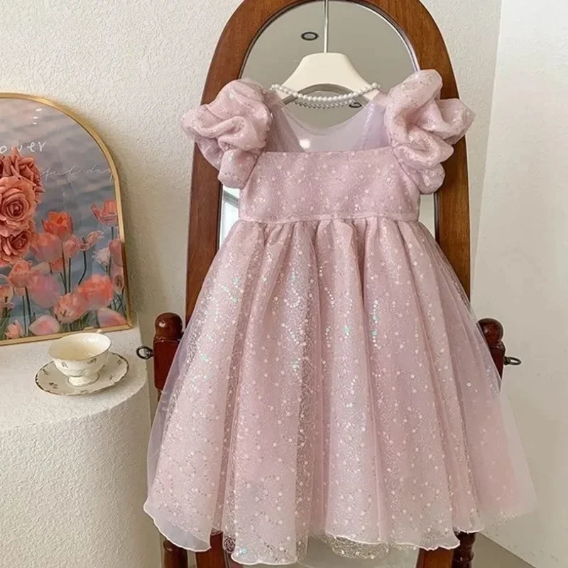 Vestido de moda para bebé, Vestido de fiesta, desfile, cumpleaños, Navidad, ropa de bebé de 1 a 12 años, Vestido tutú de princesa con lentejuelas, manga corta abombada