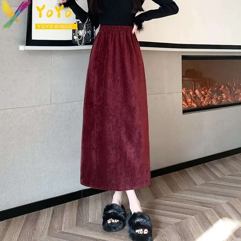 Elegant Fashion Velvet Elastic Waist A-shaped Skirt 2024 Temperament Autumn/Winter Chic Work Medium Length Ankle Skirt