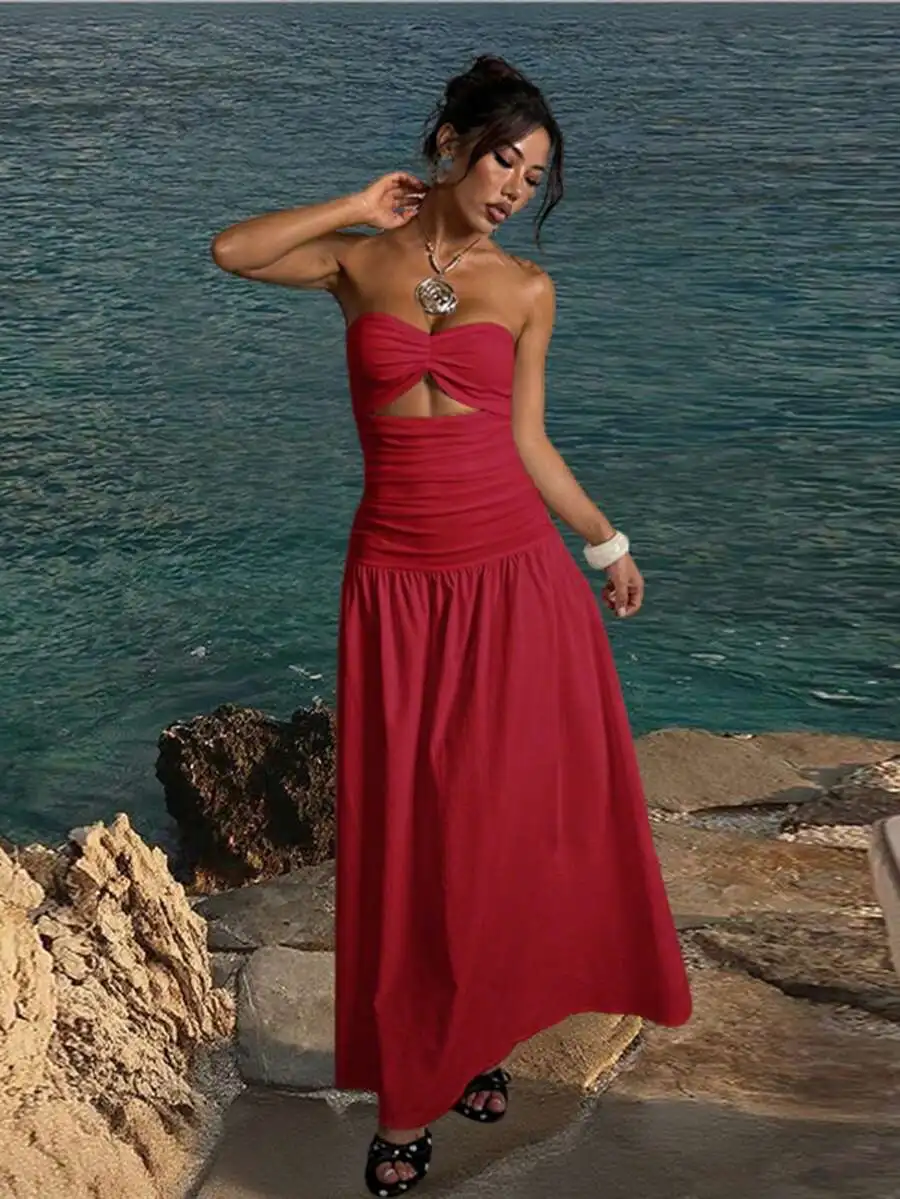 

Red Strapless Hollow Out Maxi Dress Beach Vacation Style