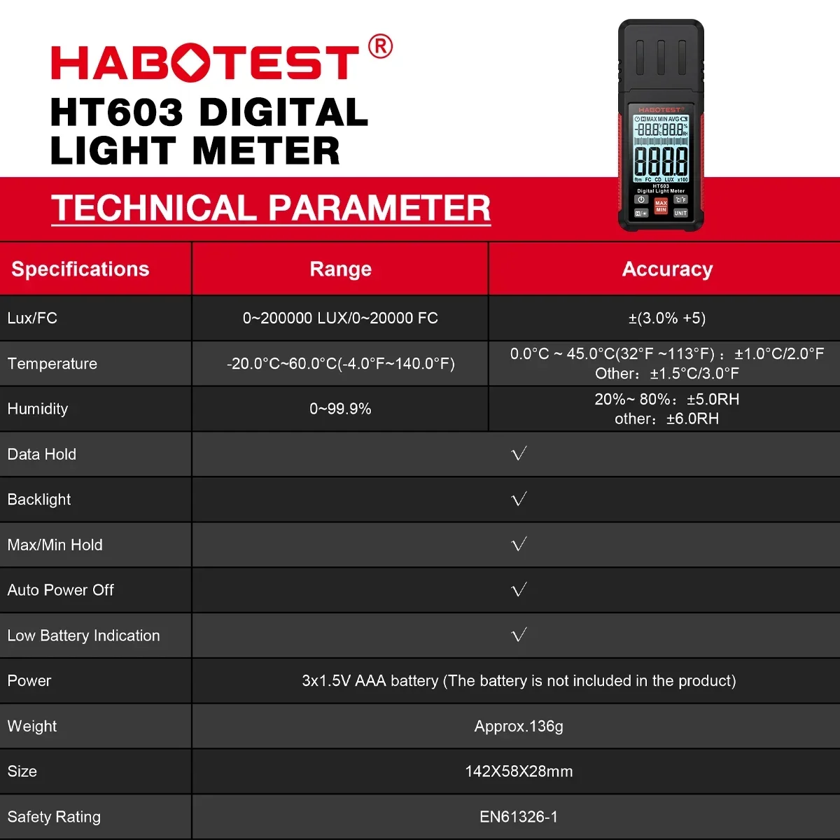 HABOTEST HT603 Digital Luxmeter 200000 Lux FC Lightmeter Illuminance Meter Tester with Ambient Humidity and Temperature Meter