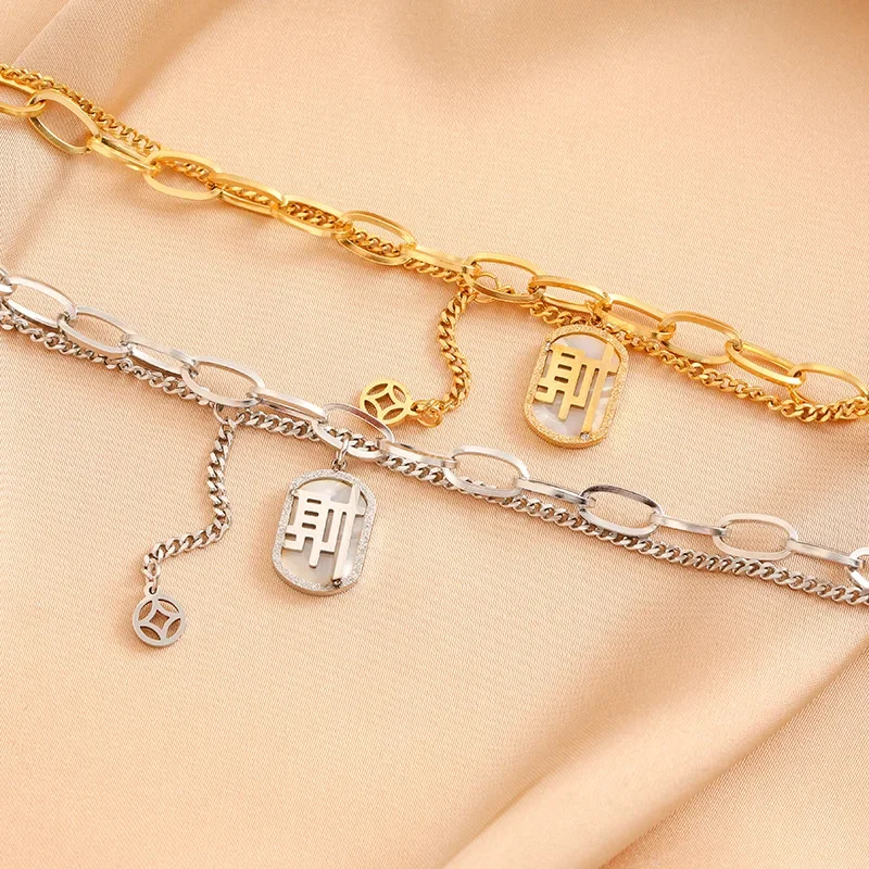 

The latest 2025 titanium steel French retro letty diamond-encrusted double bracelet