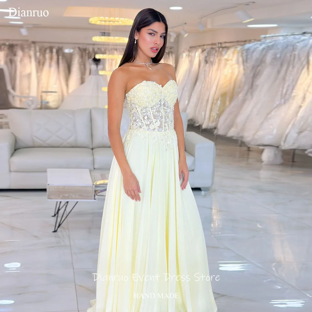Vestido de noche de gasa amarillo Dianruo, corte A, de lujo, sin espalda, con encaje floral 3D, Vestidos de Noite personalizados
