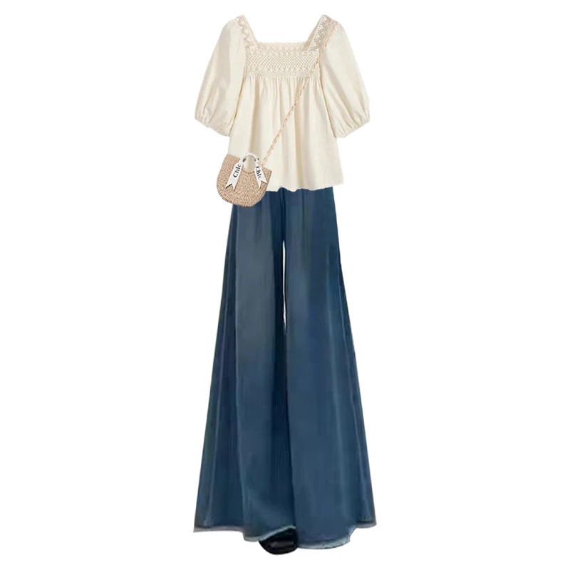 ชุดเดนิมลำลองสำหรับผู้หญิงช่วงฤดูร้อน กางเกงขายาวเอวสูงทรงหลวม หรือเสื้อคอกลม ชุดสองชิ้น ไซส์พลัส แฟชั่น