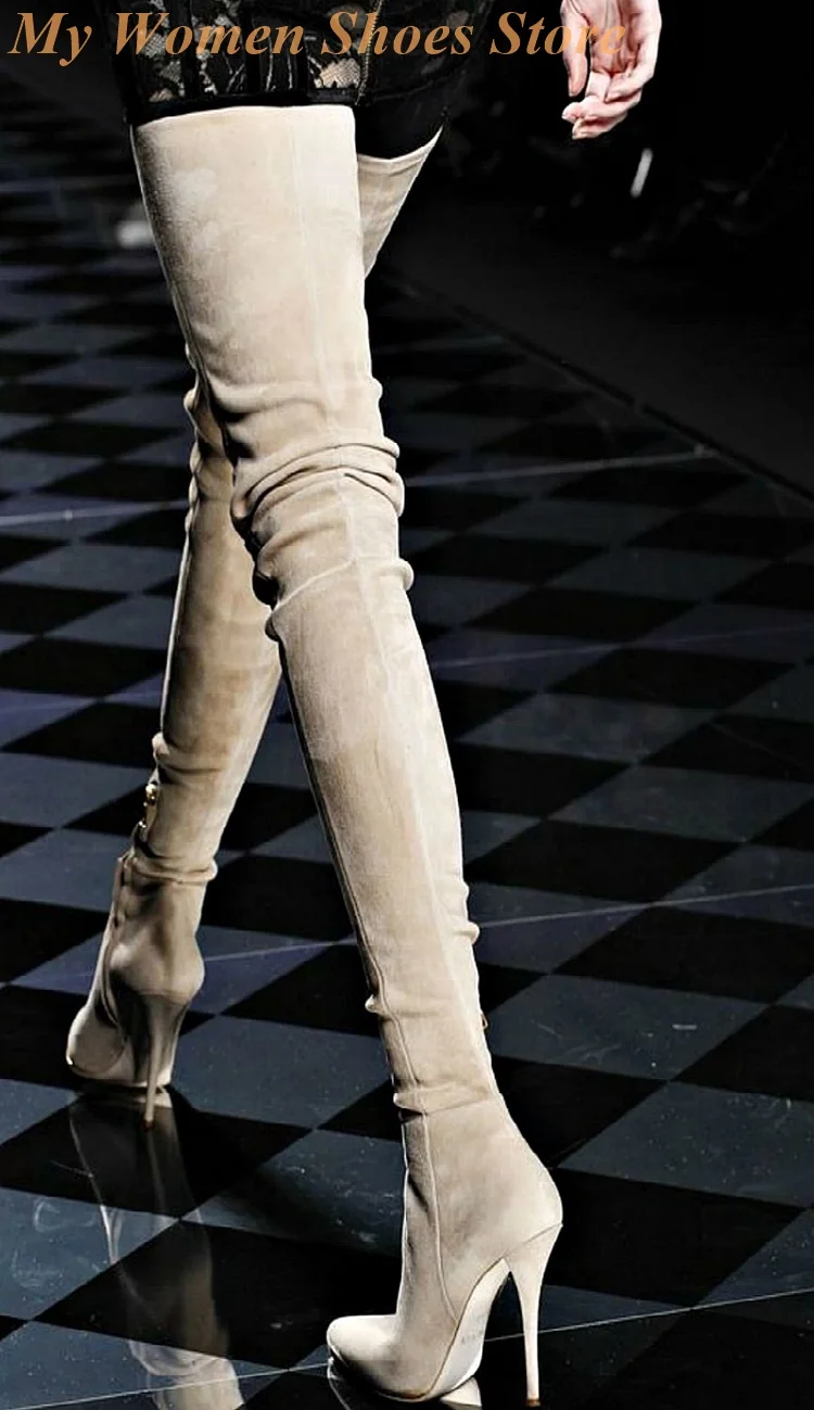 سليم الجلد المدبوغ الفخذ أحذية عالية سستة خنجر رقيقة عالية الكعب مثير مدبب تو فوق الركبة النساء فستان أحذية اليدوية