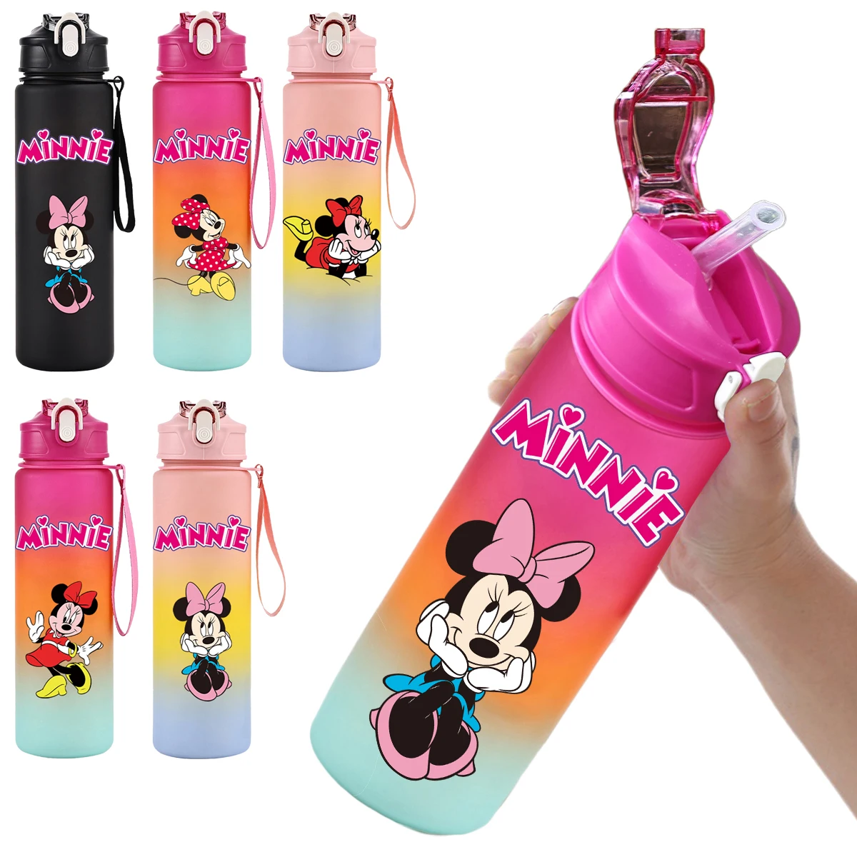 Disney Mickey Mouse Water Cup Minnie Gradient Straw 750Ml Large Capacity Camping Drinking Tools Outdoor Sports Minnie Water Cups