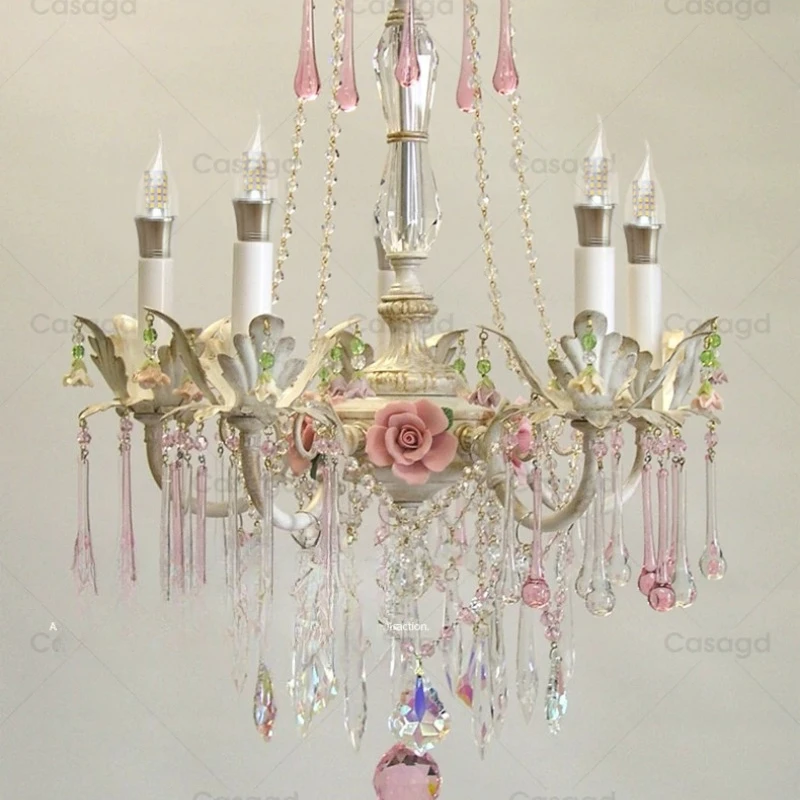

French living room rose crystal chandelier modern light luxury pastoral flower lamp
