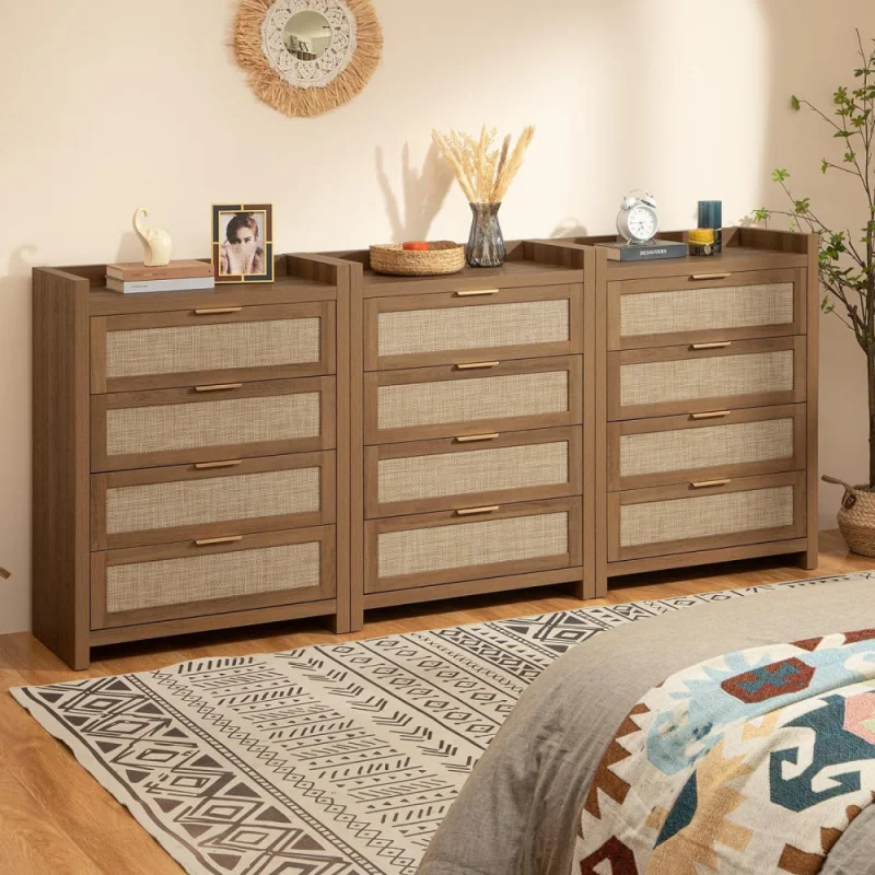 Dresser For Bedroom Chest Of Drawers Tall Dresser With 4 Rattan Drawers Wood Dresser For Closet Boho Clothes Storage Tower