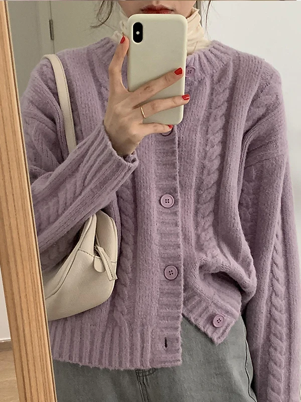 

Women's Loose Knitted Sweater Autumn New Style round Neck Warmth Coat Fluffy Soft Twist Pure Color Open Cardigan Commute Style