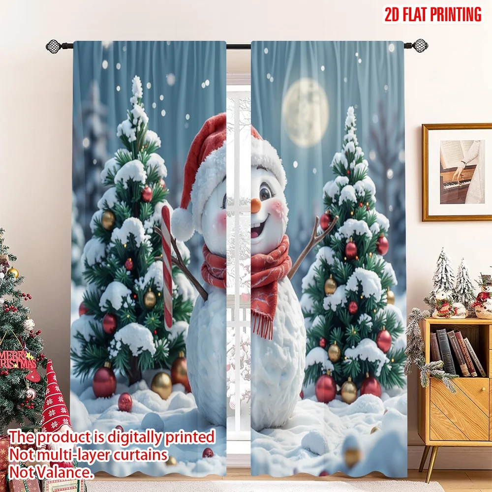 

2pcs 2D flat printing Merry Christmas Popular Window Curtains Cute Snowman Christmas Night 100% Polyester Without Electricity
