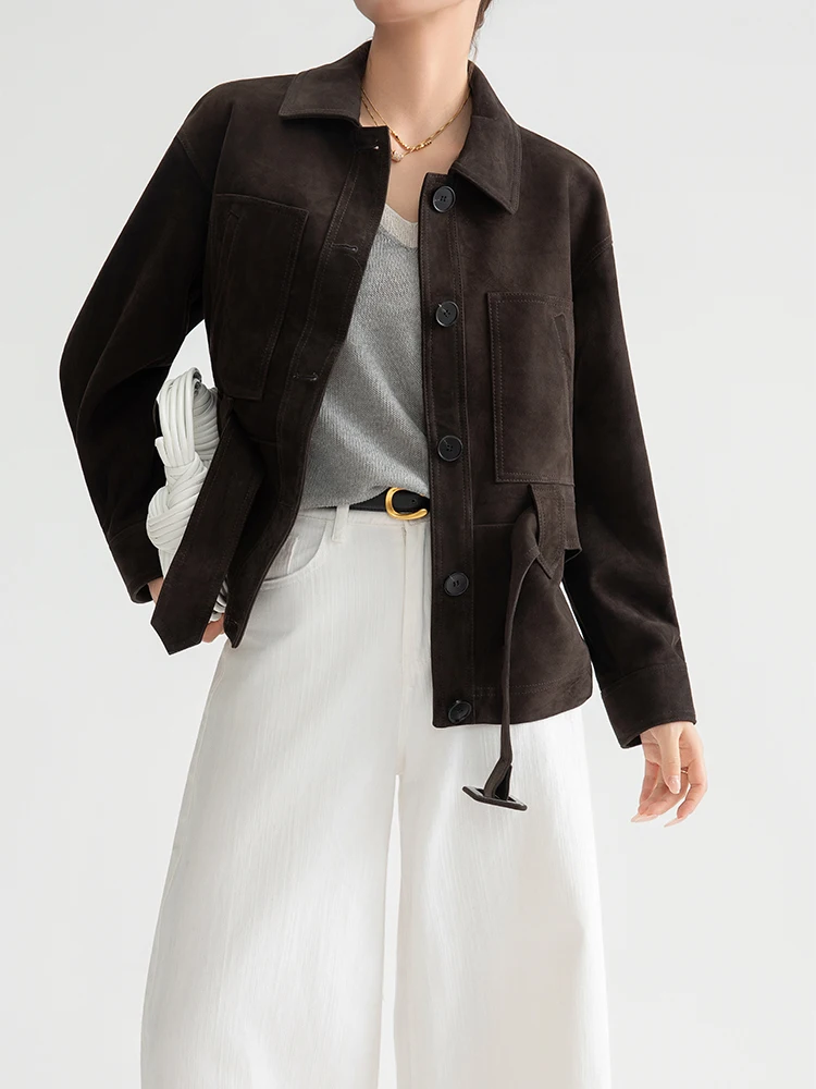 Giacche vintage in vera pelle scamosciata per donna Primavera Autunno 2025 Nuovo cappotto di alta qualità semplice sottile corto in vera pelle di pecora con cintura