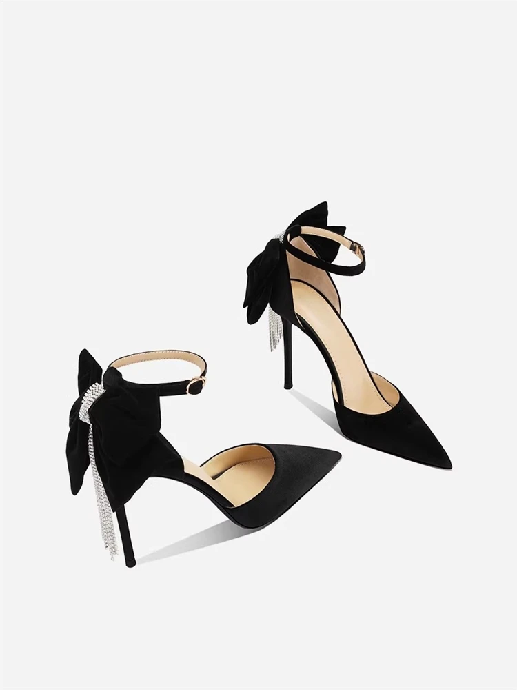 

Spring and summer pointed toe hollow suede rhinestone fringed bow shoes banquet small size thin high-heeled women's sandals