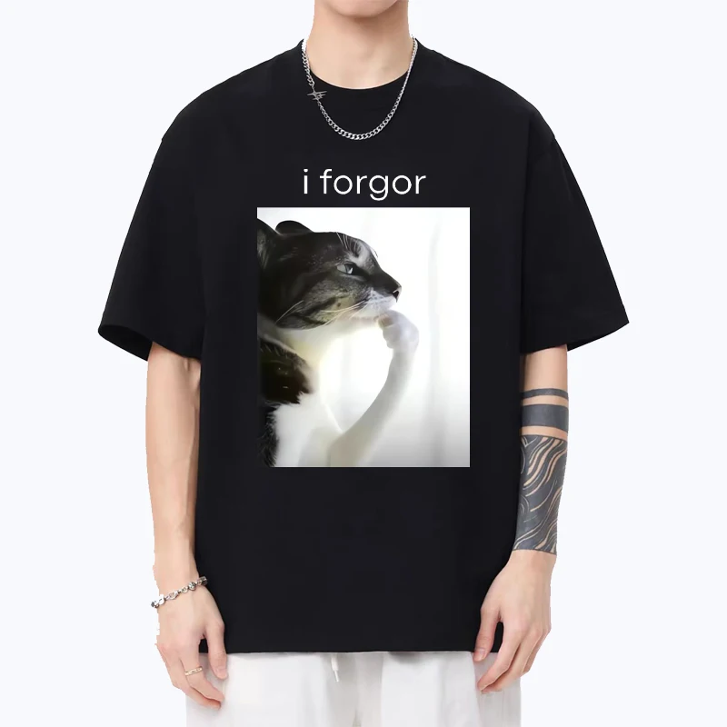 

Funny Silly Cat Meme "I Forget" Cringe Brainrot Graphic T-shirt Men women's Casual Oversized Clothes Vintage 100% Cotton TShirts