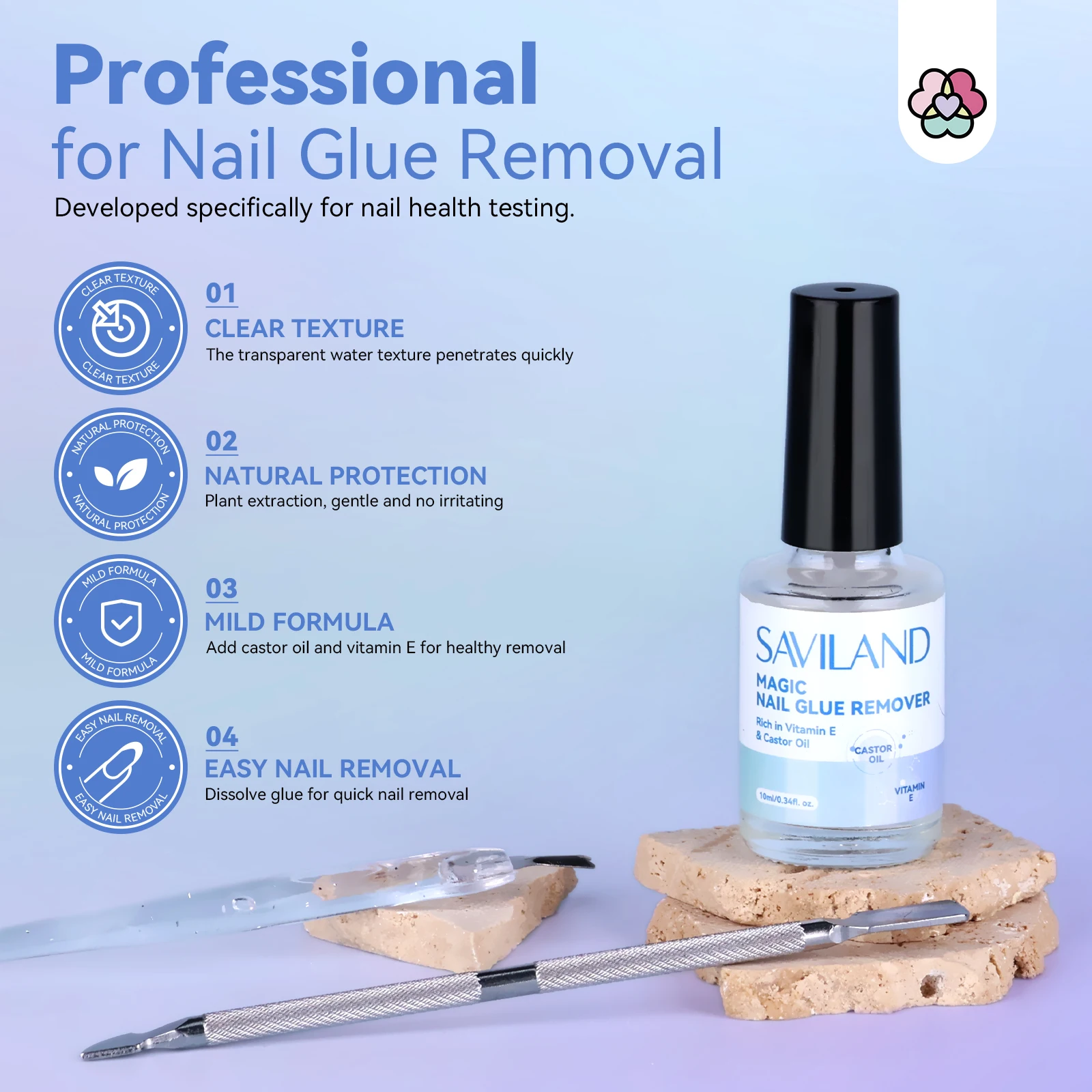 مزيل غراء الأظافر من سافيلاند مع أداة دفع البشرة للضغط على زيت الخروع فيتامين E للاستخدام المنزلي في صالونات التجميل #2