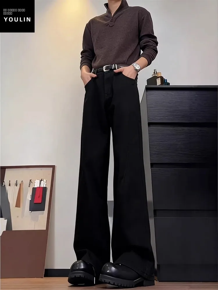 

Мужские джинсы с высокой талией в американском ретро-стиле, прямые, удлиненные, зауженные к низу, широкие брюки, повседневная молодежная одежда, прочный деним