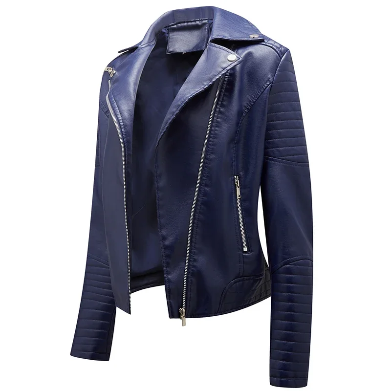 เสื้อแจ็คเก็ตหนังเทียมสไตล์มอเตอร์ไซค์ ซิปหน้า ปกพับได้ ทรงเข้ารูป สไตล์เซ็กซี่ ลำลอง ตัดต่อผ้า  สำหรับผู้หญิง