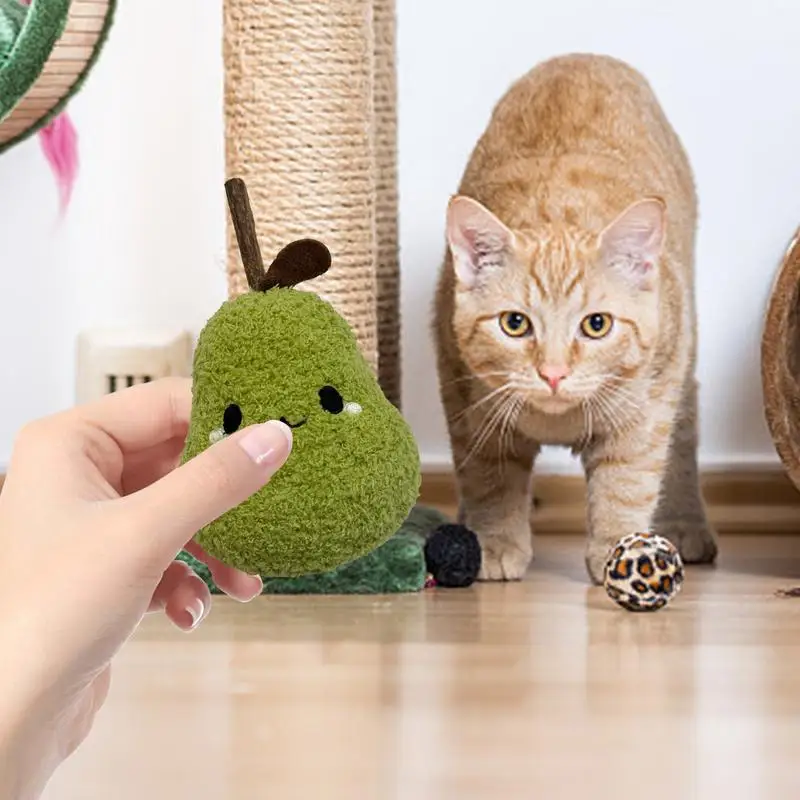 Cat Chew Toys For Aggressive Chewers Cute Pear Design Wood Cat Chew Toy Stick Human-Pet Interactive Plush Teether Bite-Resistant