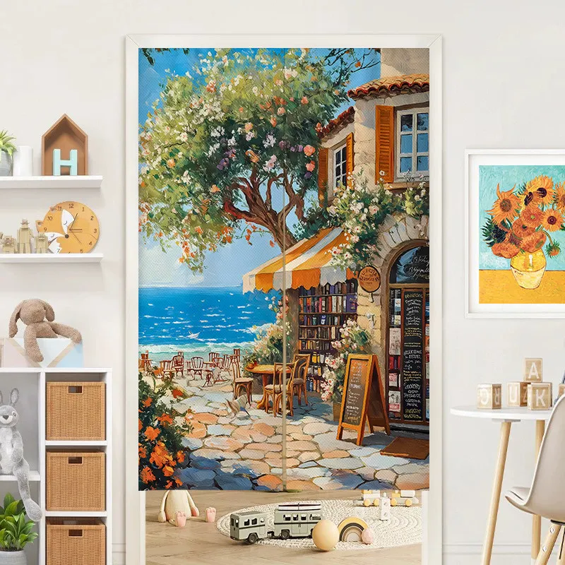 VIKAMA Seaside Town Noren Door Curtain Oil Painting Landscape Hanging Curtain Living Room Door Partition Home Decor