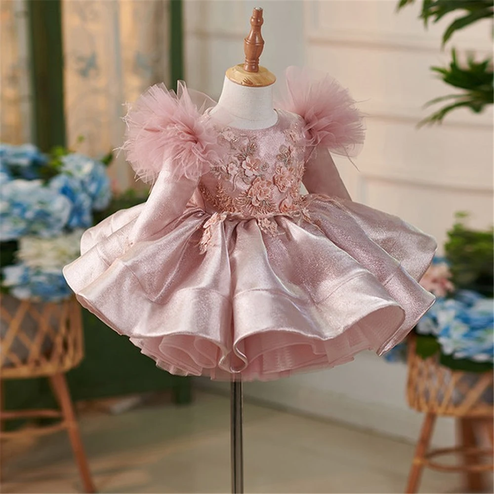 

Satin Cute Flower Girls Dress Pink Puffy Applique Pleat With Bow Sleeveless For Wedding Kids Birthday Party First Communin Gowns