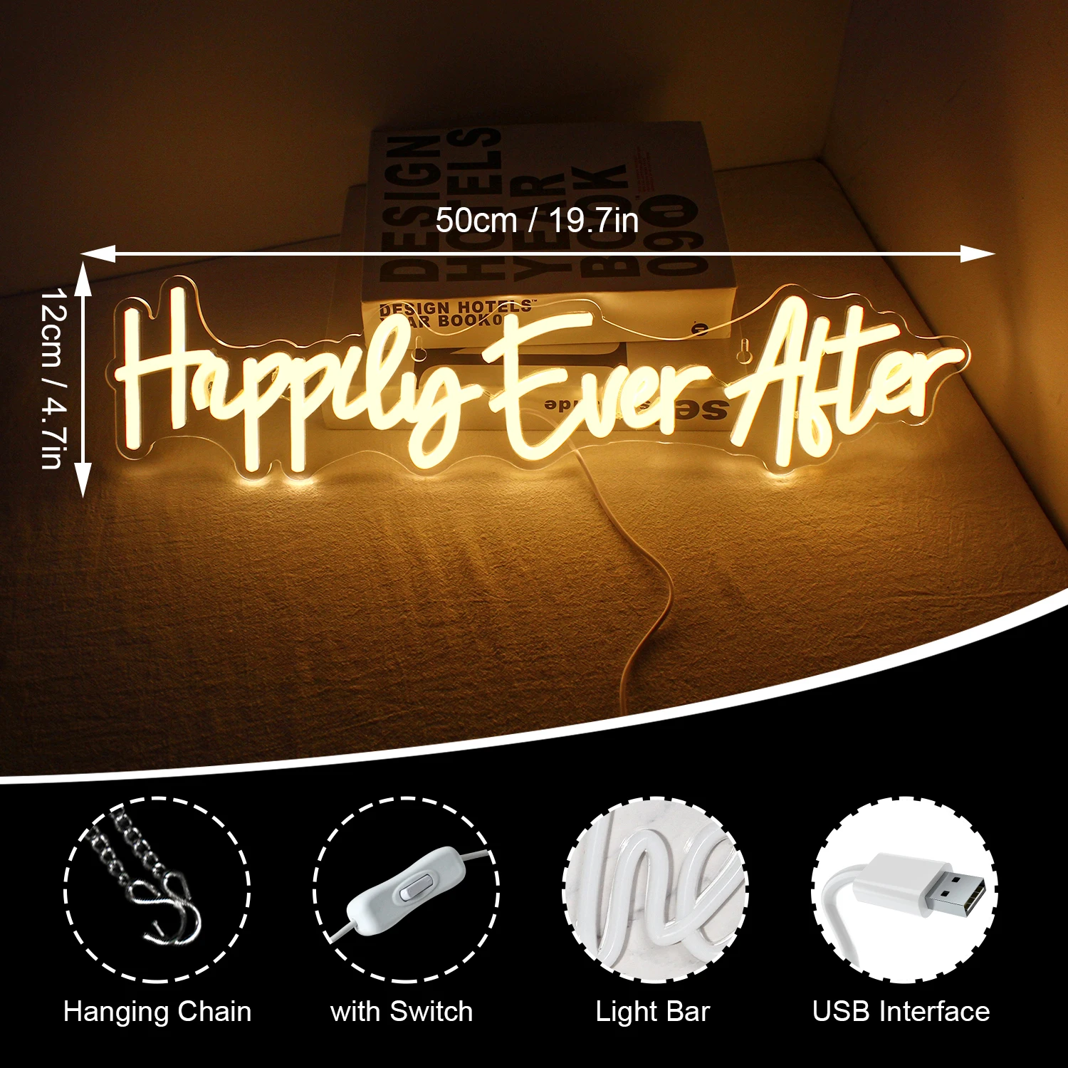 Happily Ever After Neon Sign LED Warm White Room Wall Decor USB Powered Lights for Wedding Engagement Party Bar Bedroom Decor