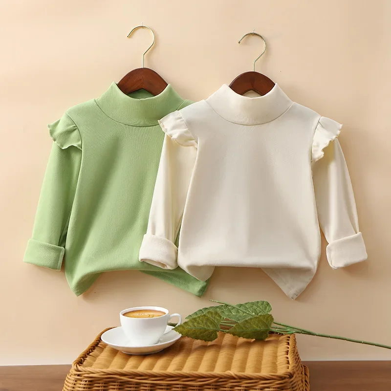 Kids T-Shirts Autumn New Childrens Base Shirt Half High Collar Lotus Leaf Sleeves Versatile Western Style Girl Warm Autumn