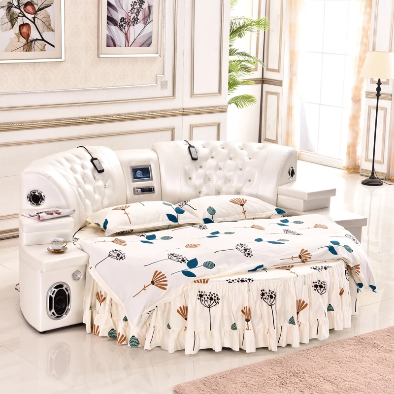 

Leather Nordic Bed Teenage Girls Electronic Round Children Bed Modern Nightstands Somieres Y Marcos De Cama Home Furniture