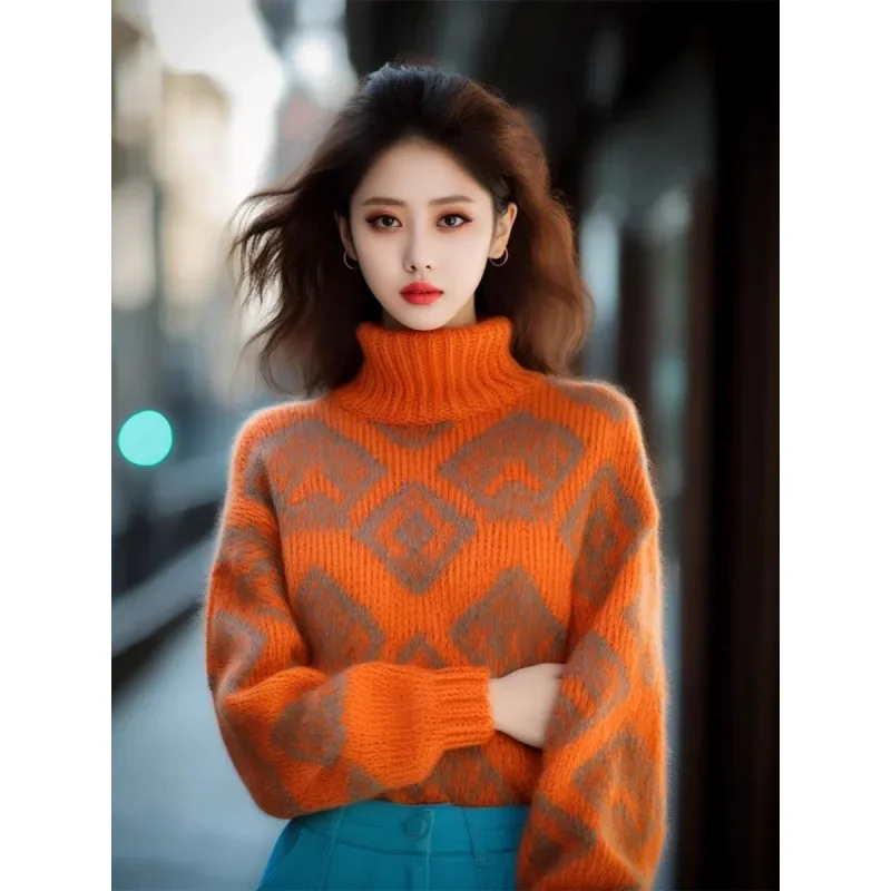 سترة جميلة محبوكة بلون اليقطين بياقة عالية مطرزة باللون البرتقالي سترة خريف وشتاء ملابس تريكو نسائية عصرية #3