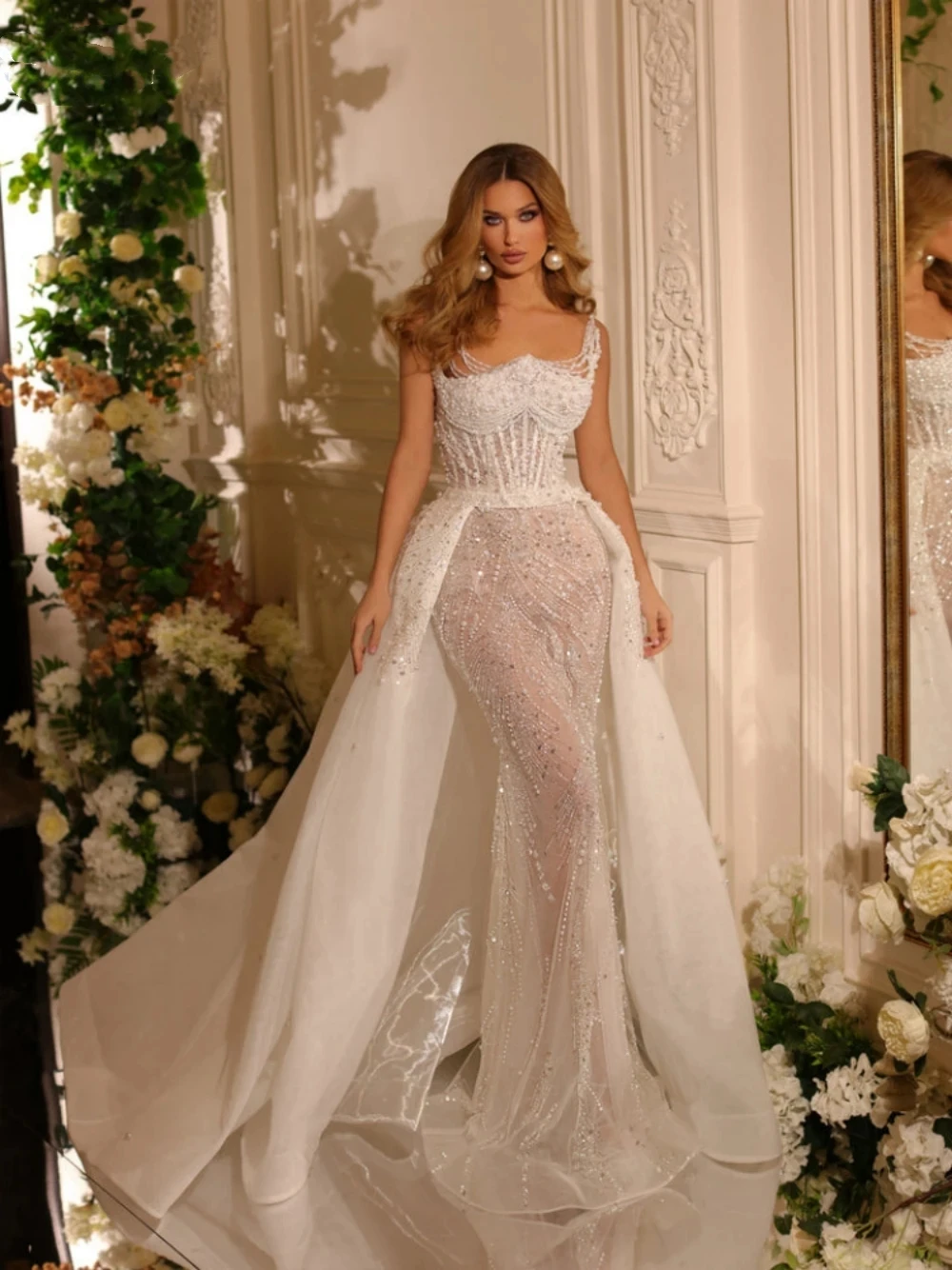 

Luxury Illusion Mermaid Wedding Dresses Detachable Train Sequine See Through Bridal Gowns Custom Made Robes De Mariée