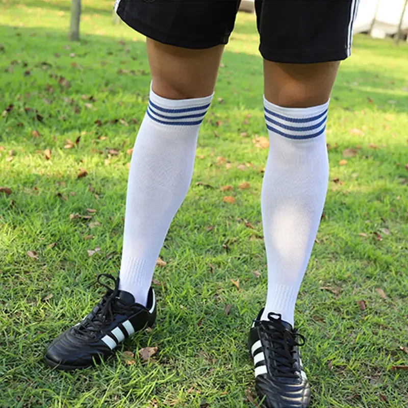 Unisex Sports Soccer Socks Adults Kids Breathable 3 Stripes Football Knee High Training Long Stocking Towel Bottom Women Sock