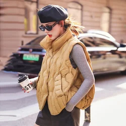 Women's Standing Collar Down Vest, Casual, Street Style, Warm, Shoulder, Outside The Trend of Horse, Winter, New Fashion, 2024