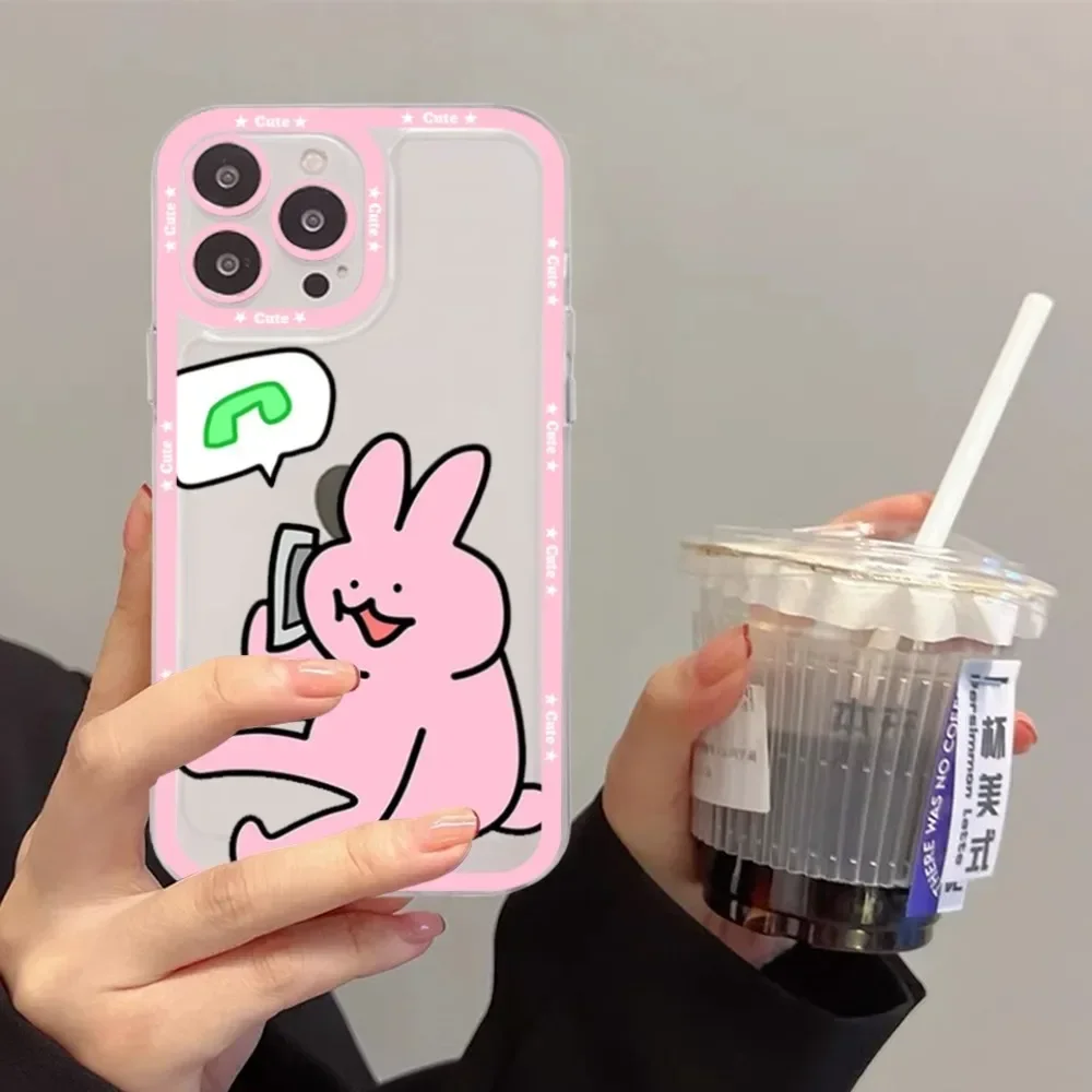 Funny Pink Rabbit Couple Phone Case For iPhone 15 13 14 Pro Max XS XR 12 11 Pro 13 Mini Soft Clear Back Cover