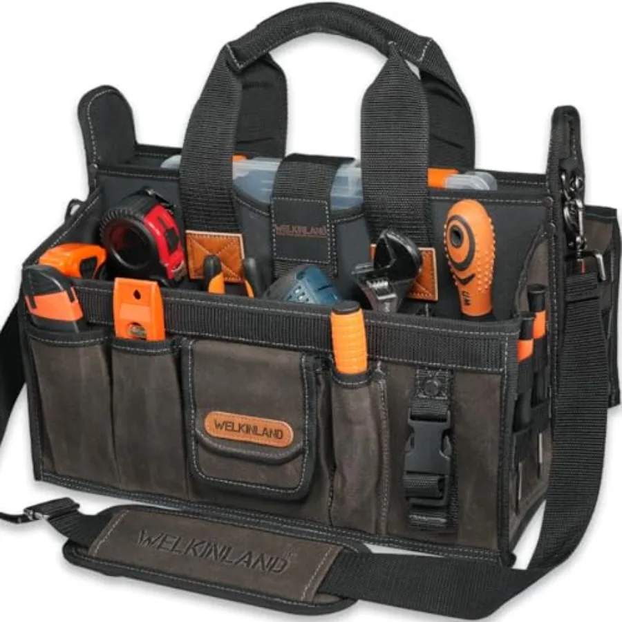 

20-Pockets Electrician Tool Tote 16"-Wide Open Top Tool Tote Waxed-Canvas Electrical Tools Bag Heavy-Duty Tool Bags For HVAC Te