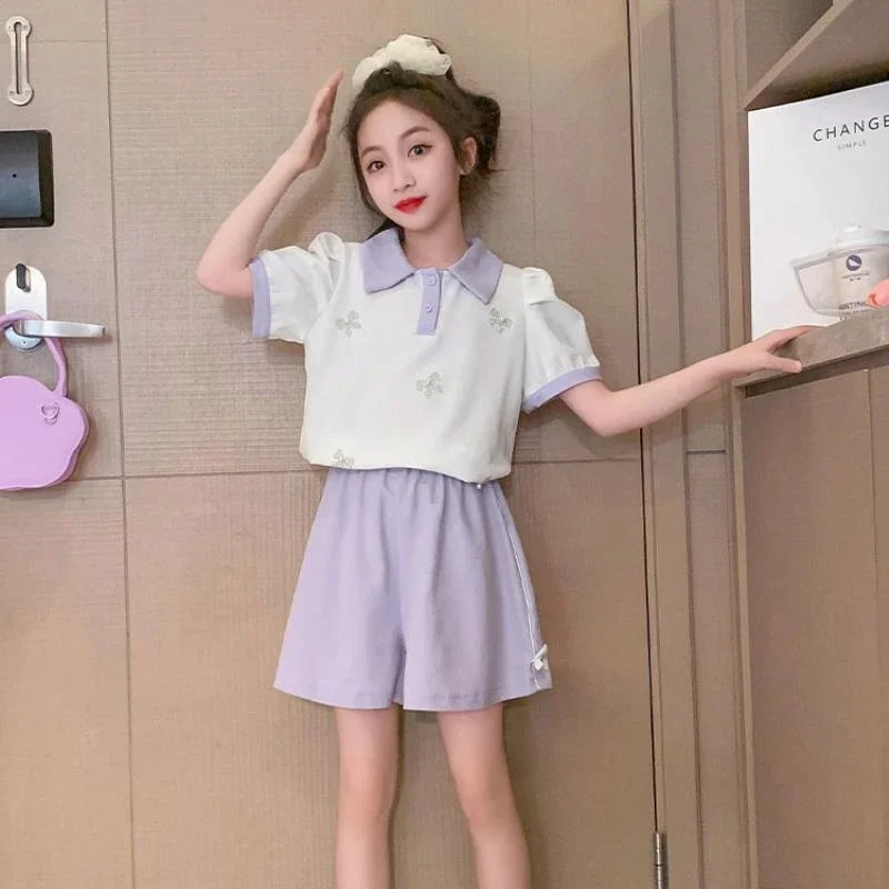 2025 New Teenager Summer Kids Girls Clothes Flying Sleeve Blouse Shirt + Short Leisure Loose Pants Teens 6 8 9 10 12 13 14 Years