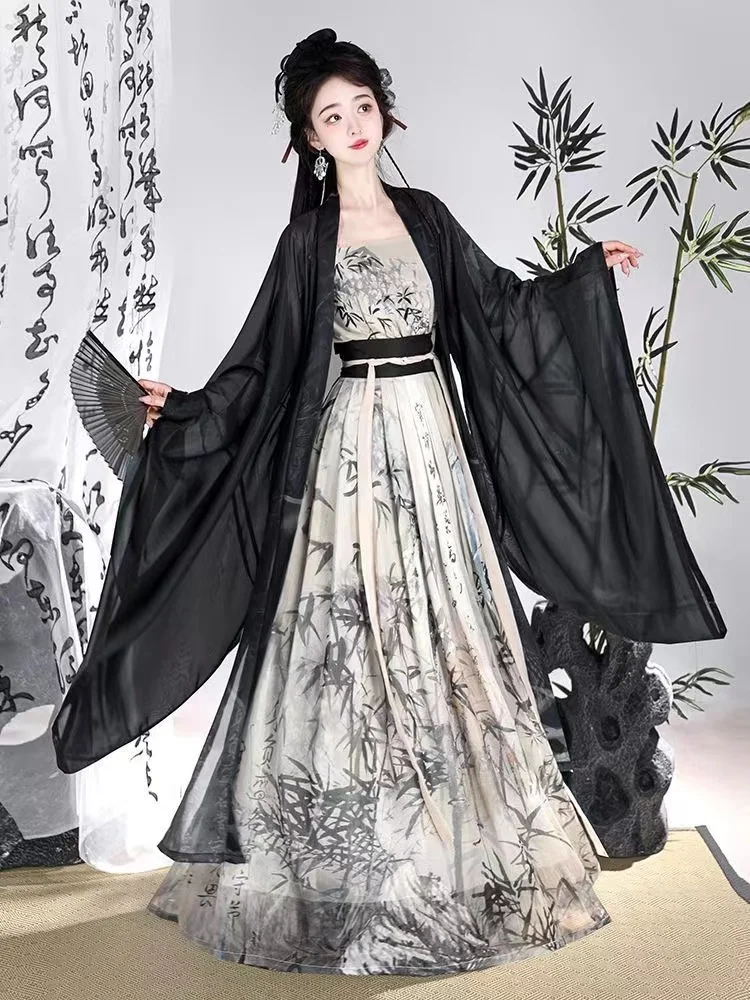 Women Song Dynasty Hanfu Ancient Chinese Black Large Sleeve Skirt Classic Han Elements Hanfu Dress Set Girls Cosplay Gift Summer