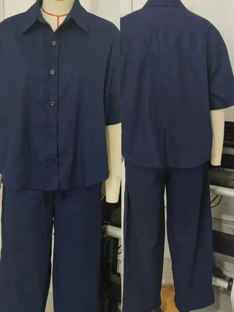 

HH Women Solid Casual Pants Suit Single-breasted Long Sleeve Turn-down Collar Shirt+Pockets Elastic Waist Lace-up Pants