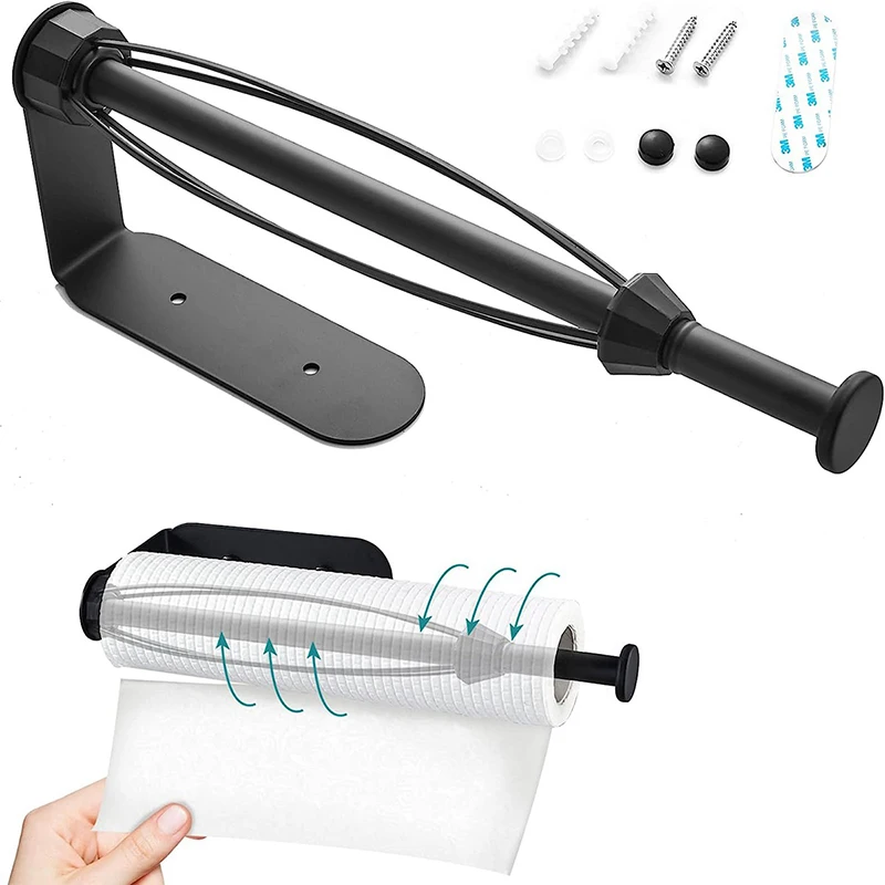 Portarrollos de cocina debajo del gabinete, autoadhesivo o perforador negro, portarrollos de cocina montado en la pared para baño y cocina