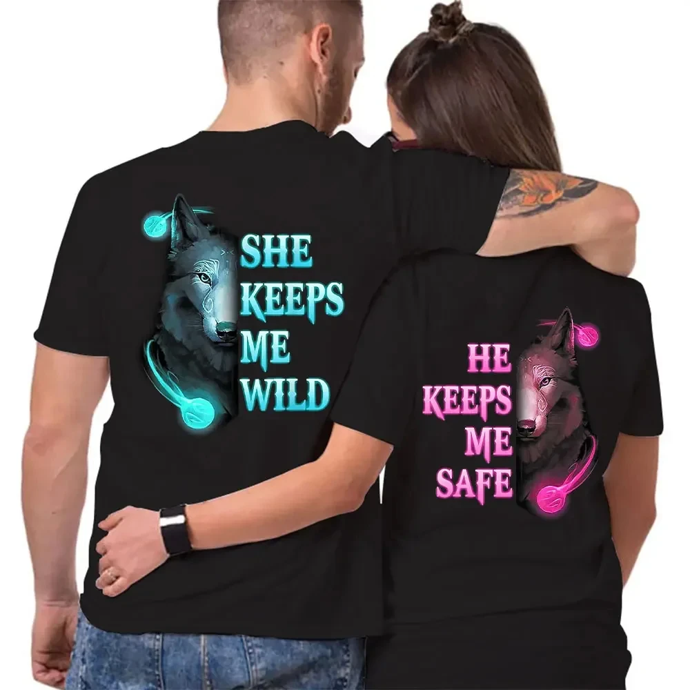 She Keeps Me Strong He Keeps Me Safe Couple Matching T-Shirt Wolf Couple LOVER Tshirt Back Print Y2k Tops 2024 Valentine Tees