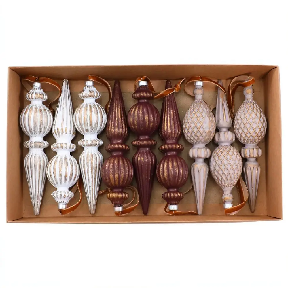 Retro Holiday Hanging Pendants Christmas Tree Ornaments Distressed Wood Texture Teardrop Baubles Gift Box Set